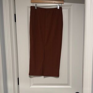Ribbed Rust Midi Front Slit Pencil Stretchy Skirt